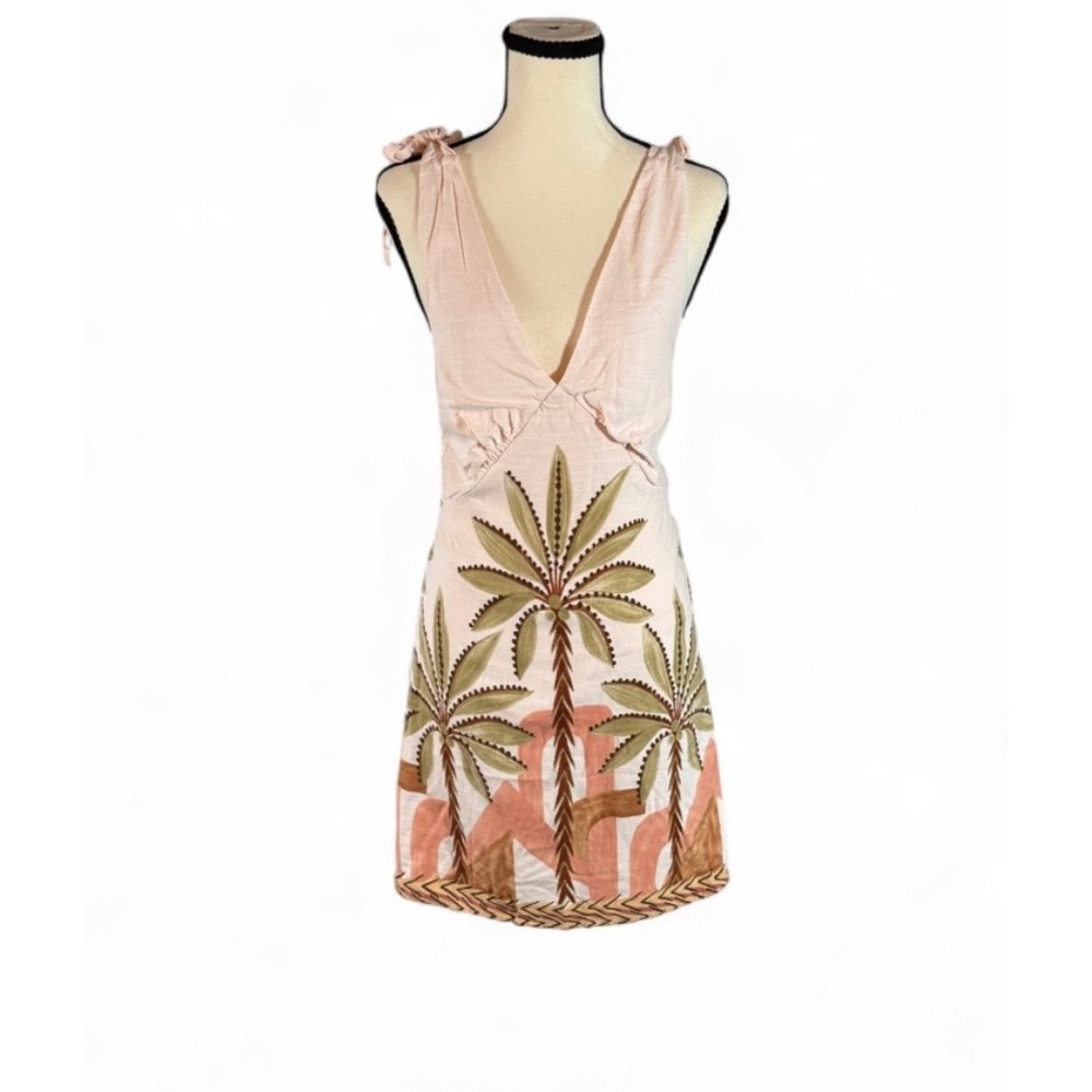 Petal + Pup Resort Summer Palm Tree Embroidered Linen Blend Dress Sz M